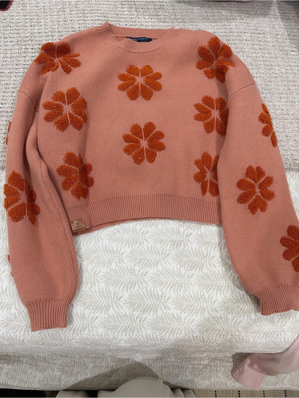 Simply Southern Coral Pink Crewneck Sweater with Orange Floral Appliqués - Picture 2 of 6